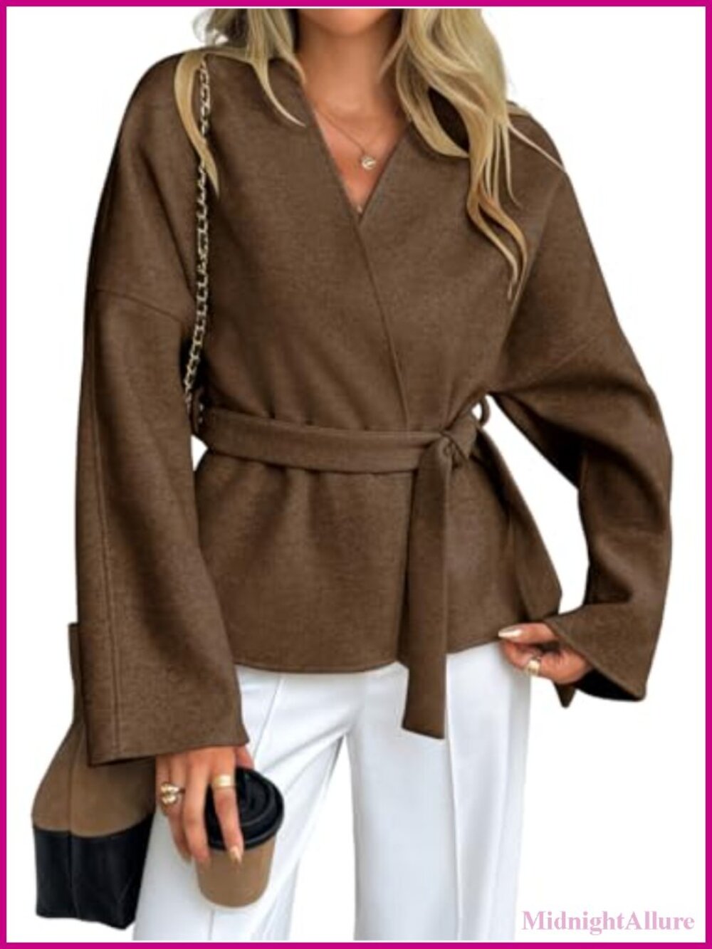 Women Collarless Belted Open Front Crop Blazer Peacoat Polyester Viscose Lined